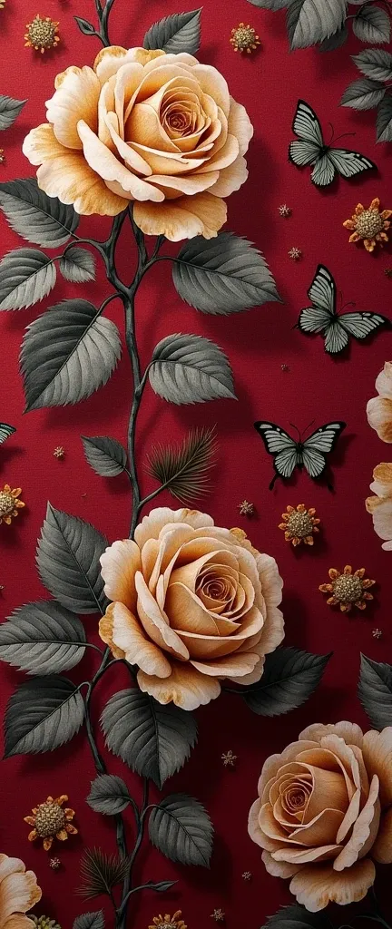 This image appears to be a close-up shot of a fabric with a floral print, possibly a textile sample or a detail from a garment. Let's analyze its visual characteristics:

Subject Matter: The main subject is a richly colored fabric featuring a repeating pat...