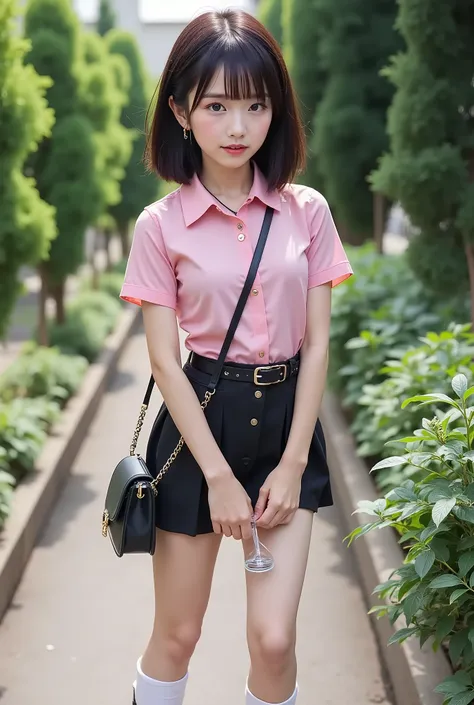 Masterpiece,   top quality  ,   1 girl,  full body ,  garden ,    pink cutter shirt ,   black miniskirt crossing a glass ,    White High Socks   ,   boots ,  dark eye makeup and lips  ,  Cute Bags ,  crossbody bag、 neck necklace 、 short hair while on a bus...