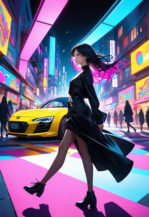 A vibrant city scene in a hyper-realistic photo style, featuring a young woman with shoulder-length black hair, caught mid-motion as her hair flows dramatically to the side. She is wearing a sleek black outfit, walking on a street illuminated by vivid, neo...