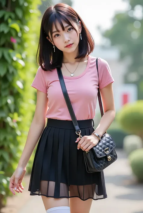 Masterpiece,   top quality  ,   1 girl,  full body ,  garden ,    pink cutter shirt ,   black miniskirt crossing a glass ,    White High Socks   ,   boots ,  dark eye makeup and lips  ,  Cute Bags ,  crossbody bag、 neck necklace 、 short hair while on a bus...