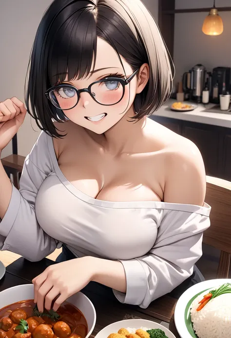 RAWphoto,photorealistic,8k16k,best quality,perfect anatomy,perfect detailed,ultra highres, extremely detailed eyes and face,gleaming skin,shiny skin,1girl,young,Japanese,black short hair,pixie cut, (wearing glasses:1.3),(parted bangs,forehead:1.2),round fa...