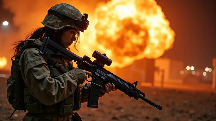 documentary photo, Photo-realistic, ultra-realistic, (very beautiful Japanese, famous Japanese idol), (Fully equipped for battle), holding large assault rifle, (spectacular view of massive explosion), (she is very scared and crying), (wearing an army soldi...