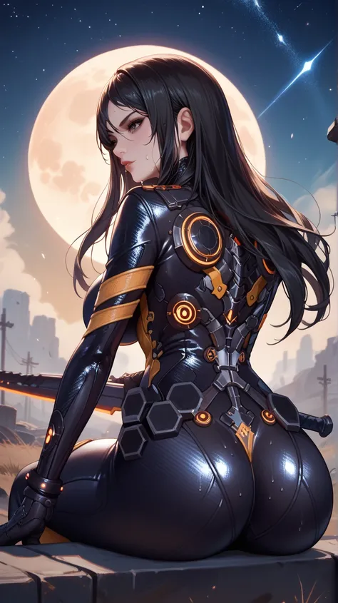 Sexy Tachy de Stella Blade, UHD,   big breasted,  long hair,  very black hair ,  black eyes ,  Moon under the left eye, very tight black suit, in a wasteland, sitting, sweating, In the background a very starry night sky, With a great sword of light, pose s...