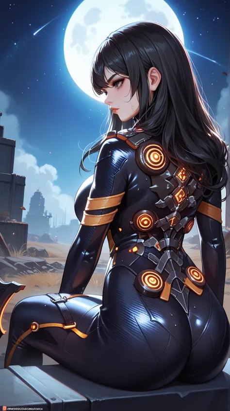 Sexy Tachy de Stella Blade, UHD,   big breasted,  long hair,  very black hair ,  black eyes ,  Moon under the left eye, very tight black suit, in a wasteland, sitting, sweating, In the background a very starry night sky, With a great sword of light, pose s...