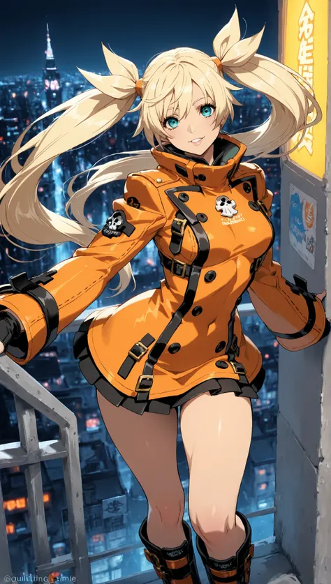  1 girl, Guilty Gear,  night city,  tied his lips, bewitching smile, masterpiece,  best quality,  great quality,   detailed background ,  complicated details, twin tails, miniskirt, orange clothes , Long Boots 