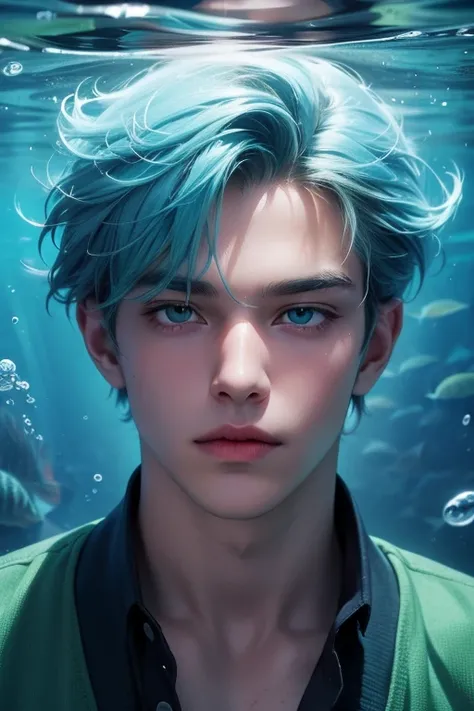 young guy, handsome face, light blue hair, leaf green eyes, all blue and green clothes, charming gaze, beautiful underwater background, sharp eye details, sharp face details, body and hand details, make 4k and 8k images