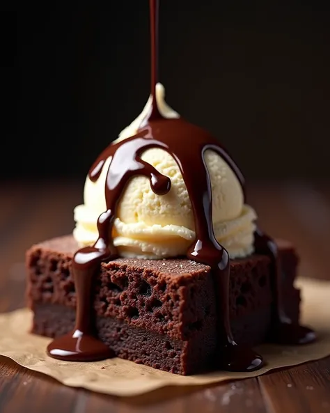 Create me an image of piece of a brownie and a scoop of vanilla ice cream on top of it.  And chocolate sauce dripping from the Ice-cream.   Make the background darker 