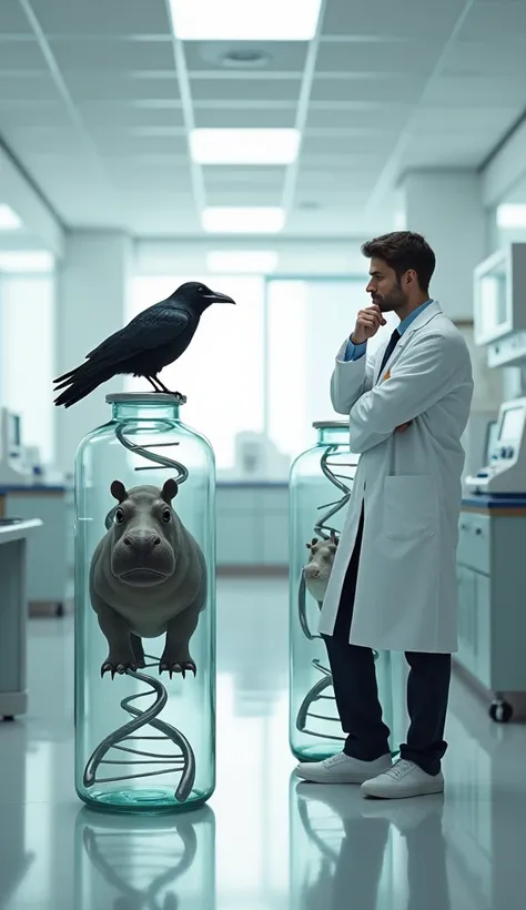 Here’s a prompt based on your request:

"Two large DNA bottles, one containing a crow and the other a hippo, both in their natural colors. The first bottle houses a crow, with its sleek black feathers and sharp eyes, perched gracefully inside the clear con...