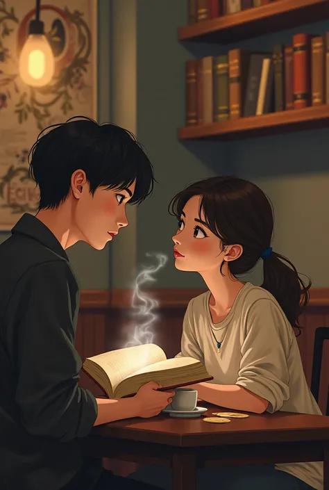 A girl reading a book in a cafe and a boy watching her curiously