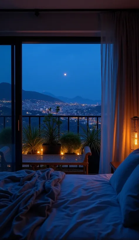  Bedroom of an apartment ,  very comfortable and calm , at night,  with low ambient lighting , overlooking the balcony ,  showing the dark blue sky with a light purple in the corner of the sky e abaixo pode se ver a cidade de longe, stars in the sky,  soft...