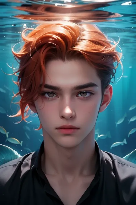 young man, a mermaid, handsome face, orange hair, bright yellow eyes, charming gaze, beautiful underwater background, sharp eye details, sharp face details, body and hand details, make 4k and 8k images