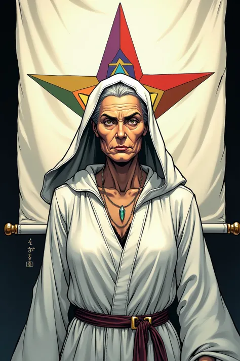 Mordane is an older woman. She has a bony face and sharp eyes. She has a thin, lipless mouth. She starches her skirts. While strict, she is a good woman who cares about her pupils. 
She dresses in white robes with a hood.She wears a crystal pendant about h...