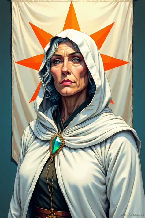 Mordane is an older woman. She has a bony face and sharp eyes. She has a thin, lipless mouth. She starches her skirts. While strict, she is a good woman who cares about her pupils. 
She dresses in white robes with a hood.She wears a crystal pendant about h...