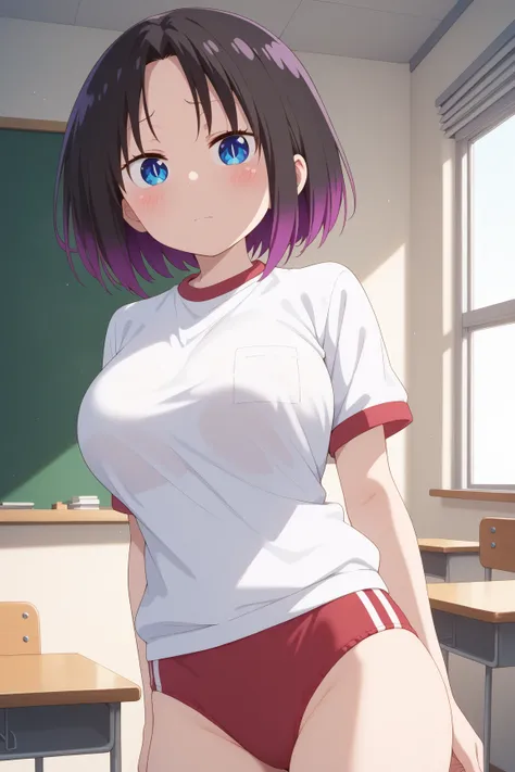 masterpiece,best quality,{{detailed beautiful face and eyes}}, very detailed background,
Elma,{{{megami magazine}}},short hair,multicolored hair,black hair,purple hair,parted bangs,blue eyes,slit pupils,large breasts,
gym uniform,red buruma, white shirt, s...