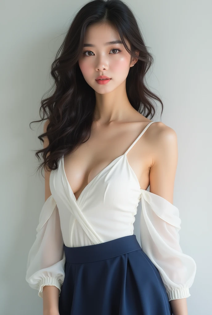 A picture of a beautiful Korean woman wearing a short dark blue skirt and a white dress and medium breasts with long dark hair