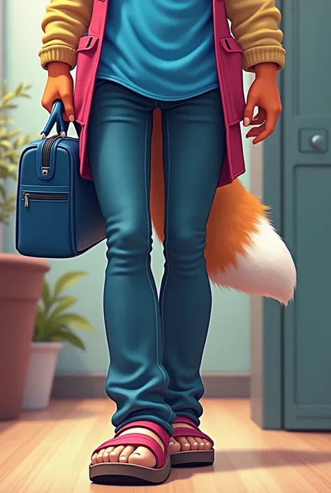  cartoon legs with blue shirt and blue desk bag,  Digital art  by Alexander Fedosav, tumblr,  Digital art , furry paw pov art,  anthropomorphic paw point of view art, detailed shot of the gideon grey, zootopia,fox long jeans, pink apron, sandal paws claws,...