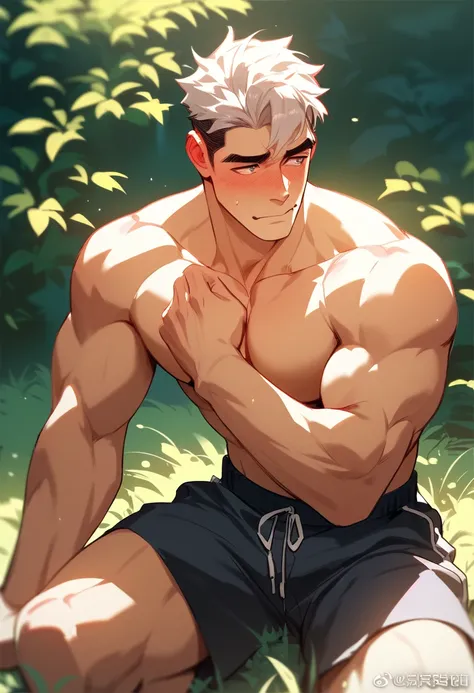 A 24-year-old man, handsome face, shirtless, showing off his chest and biceps, wearing shorts, kneeling, with a shy look on his face