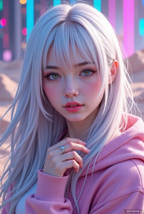 a woman with long white hair.wearing a hoodie and a ring on her finger and a colorful background with a heart on her finger, Artgerm, computer art, anime art, cyberpunk art. realistic art