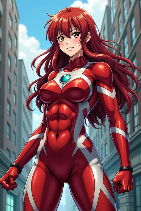 My Hero Academia Style , Anime girl, female, young female,muscular female,Full Body Shot,(fighting Pose:1.3),Long hair, Red Hair,  Brown Eyes,Hero Suit, Full Body Suit, red suit with white details,small round blue jewel in the center of the chest, perfect ...