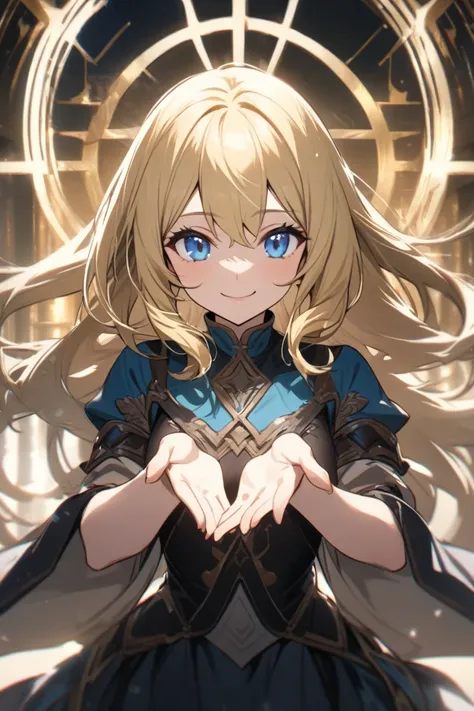 The highest quality , A  girl with long blonde hair, blue eyes, extends her hands in front of her, smiles innocently 