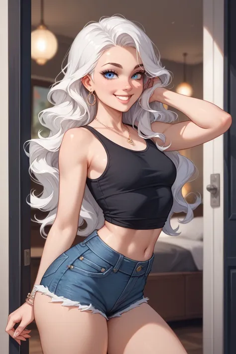 Draw a gorgeous little boobed slut with perfect small breasts.  big ass very perky .  thin waist. She is on her porch making a phone call wearing short, tight denim shorts and a thin black tank top.. smile on face.  long, wavy white hair .  blue eyes.