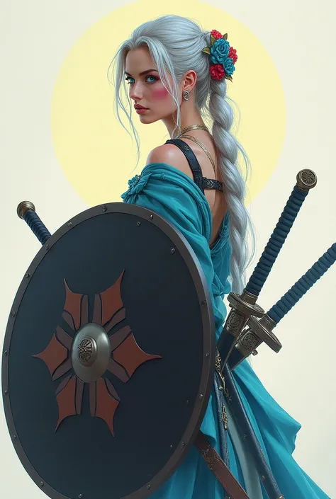  side view, profile,  Russian young girl , Geisha,  with long white iridescent hair, braids,  smudged makeup , pomade,  her posture is elegant and confident , two swords and a big shield ,  The lighting is bright with a soft focus that emphasizes the woman...