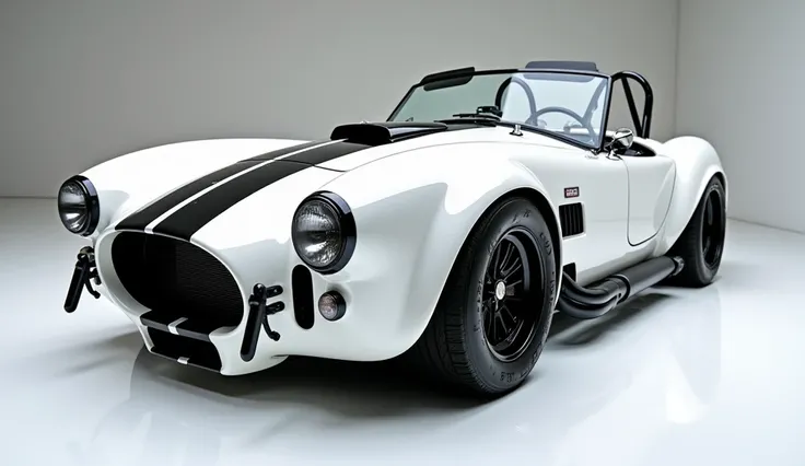 Close left up view of painted " Gloss white" with shiny clour 2025 Shelby Cobra 427  sleek in large shape sedan in large size with Shelby logo on its large detailed grille in shiny white clour with angular sporty design captured from close left view with m...