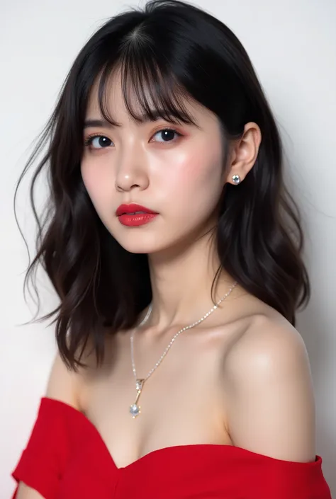 Beautiful 韓国人 woman 、、 She is wearing a red off-the-shoulder dress、Red eyeshadow 、Hairstyle: Medium long、wavy hair 、 black hair 、 ear piercing、 Empty Expressions 、 necklace、 white backgr