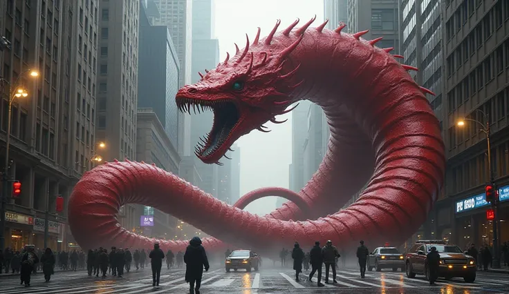 Make me a picture of a giant red worm circling on a street in the middle of the city 