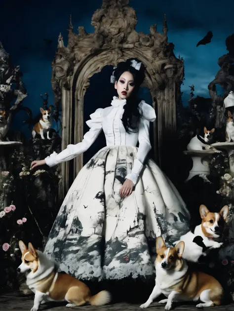 night、 Tim Walker Style - Wild Renaissance Action Shots. Movement.  Corgi Dogs Surrounding Surreal Scenery .  Detailed Information .  Cool gothic lolita woman who has already been photographed