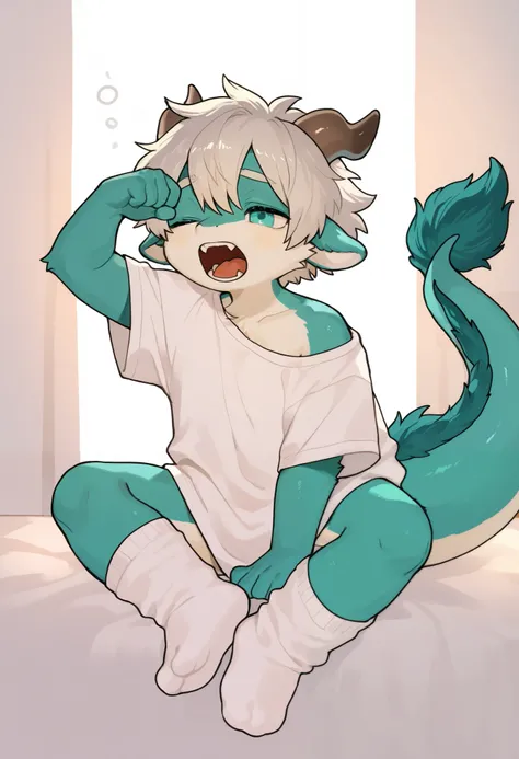 source_ furry， furry male，elementary school students，((boy ，Toddler)), (furry, kemono :1.4)， short hair，dragon boy ,Dragon Horn，Dragon Tail ,long calf socks，Sitting，Rub your eyes，Morning Sunshine， source_anime, best quality,raised eyebrows， amazing quality...