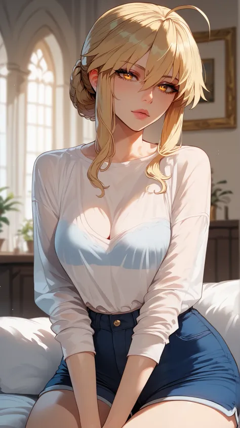 Artoria Pendragon style,  blonde hair ,  golden eyes,  perfect eyes,  perfectly sexy face, ultra detailed,  ultra perfect eyes ,  big beautiful woman , sitting, dark blue shorts, Body,  looking at the spectator,