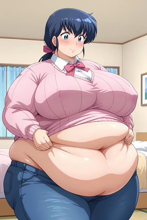 Otonashi Kyoko, long hair、紺色の髪、low ponytail,pink ribbon for hair decoration、Dark blue eyes、 pink sweater 、Blue jeans 、white shirt, collared shirt,gigantic breasts,enormous breasts,Sloppy belly fat,bedroom, troubled expression, embarrassed expression ,blush...