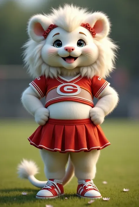 photorealistic portrait of Dressed animals - a ((fat)) cute baby(white lion) cheerleader,(art by Giuseppe Arcimbold:1.2),(full body image:1.3), (hands on hips:1.5),(furry), (happy smile:1.5),high quality,(lovely) , highly detailed cute  top with team logo ...