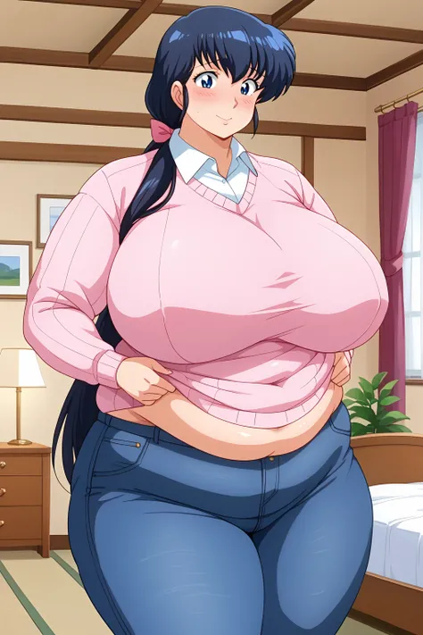 Otonashi Kyoko, long hair、紺色の髪、low ponytail, pink ribbon for hair decoration、Dark blue eyes、 pink sweater 、Blue jeans 、white shirt, collared shirt,clavicle,gigantic breasts,enormous breasts,Sloppy belly fat,bedroom, troubled expression, embarrassed express...