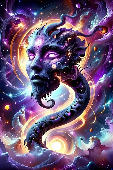  A gigantic energy snake with a halo, Language out , The luminescent purple eyes , wrapped around a cosmic zodiac ,  a fractal vortex of planets and galaxies in the background, high quality,  photo, Abstract, Dadaism 