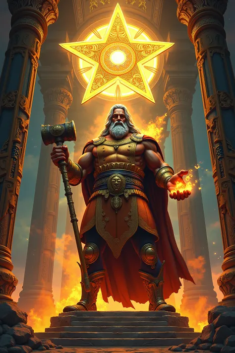 A grand statue of a god who embodies the essence of a medieval smith, standing in a richly adorned temple. The deity has a robust, muscular build with a glowing, supernatural aura, and his face radiates wisdom and power. He wears a blacksmith’s apron craft...