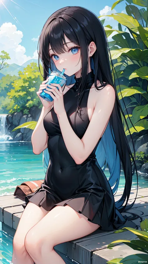  long black straight hair , swimsuit,  blue eyes ， Holding a soda , Relaxation posture, sit, review, HEALTHY SKIN , Outdoor scenery, Blue sky, Bright natural lighting ,  and the sun shines in from the top left, Warm and soft atmosphere, Side Angle, Moderat...