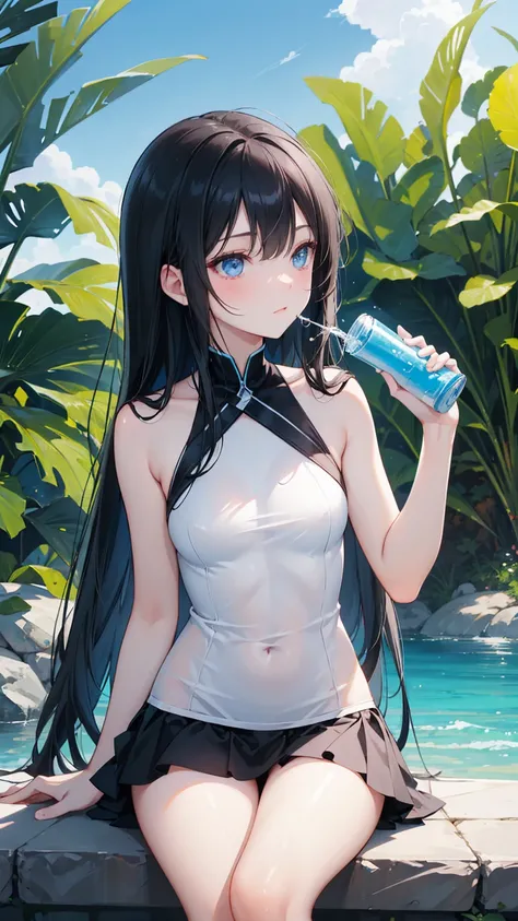  long black straight hair , swimsuit,  blue eyes ， Holding a soda , Relaxation posture, sit, review, HEALTHY SKIN , Outdoor scenery, Blue sky, Bright natural lighting ,  and the sun shines in from the top left, Warm and soft atmosphere, Side Angle, Moderat...