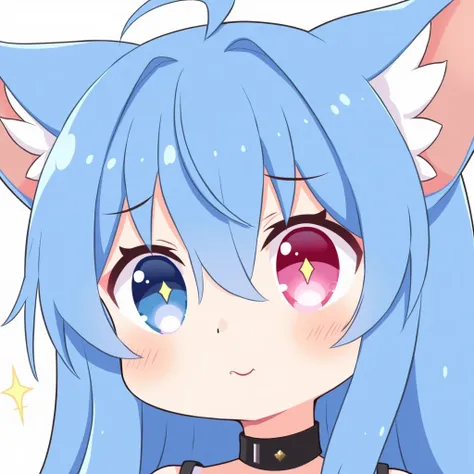 face close-up, chibi, kiss on the lips, right eye blue left eye pink, stars in eyes, Lumine \(genshin influence\), solo, blue long hair, blue cat ears, , hair between the eyes , black choker, looking at the viewer, light skin, simple background, bored face...