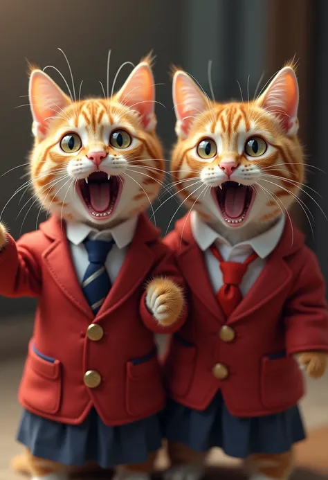 The two cats wearing a red school uniform feel shocked face locked on camera, they said what!, with fear