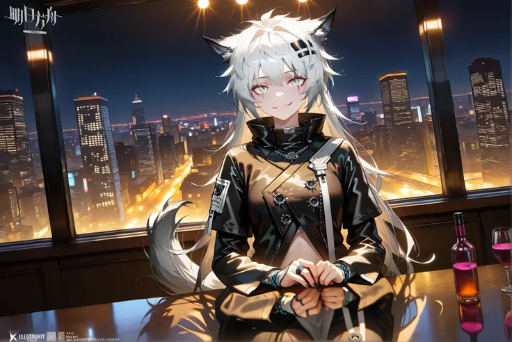 female,(alone),((alone)),((Lappland)),((Lappland_\(arknights\))), Lappland_\(arknights\)。
 white-haired longhair 。 grey eyes 。 wolf ears。 wolf tail 。Black clothes。( smirking :1.2),((Black and white clothes))。yellow eyes,smile,,Photorealistic Background,Bar...