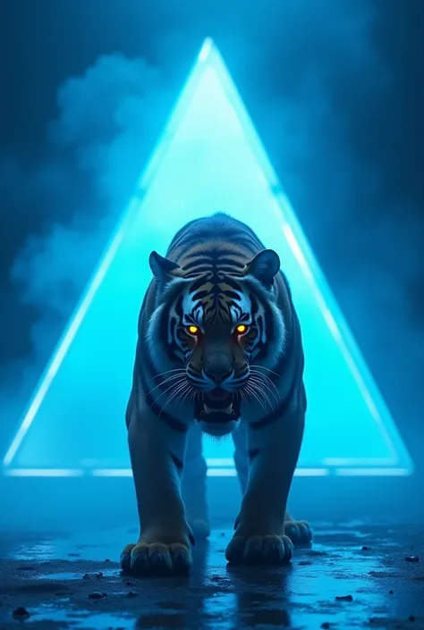 A saber-toothed tiger stands on a futuristic stage, illuminated by dramatic blue lighting that creates a mystical atmosphere. The tiger is hunched over, its powerful body casting sharp shadows on the ground. To make it stand out more, a warm, golden light ...