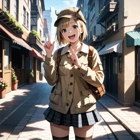 rating_questionable,
(cowboy shot), from back,
1girl, solo,
ash blonde hair, short bob cut, asymmetrical hair, black eyes,
wearing a beige Cropped Jacket, (deerstalker hat), checkered mini skirt, thighhighs, detailed clothing,
BREAK 
standing,  (both hands...