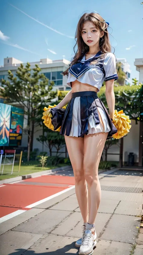 A beautiful young Japanese woman, 20 years old, with perfect anatomy, healthy thighs, beautiful feet, flawless skin, random hair color and style, large bust, (she is standing:1.2), wearing a cheerleader uniform with micro-pleated miniskirt, in a full body ...