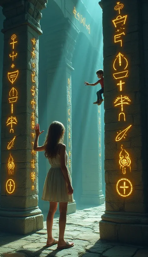 The Puzzle of the Pillars
The girl stands in a chamber filled with tall stone pillars glowing with ancient runes. She presses her hand against one of the symbols, while the tiny man sits on her shoulder, frantically pointing to another part of the puzzle.