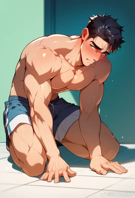 A 24-year-old man, handsome face, shirtless, showing off his chest and biceps, short black hair, wearing shorts, kneeling, shy, with a big penis next to his mouth