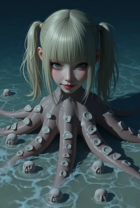 score_9, score_8_up, score_7_up, score_6_up, masterpiece, best quality, villain looking, bad girl,(blonde twin-tails hair with blunt bangs), Octopus head transformed into beautiful Japanese female face, creature with beautiful Japanese female head and octo...