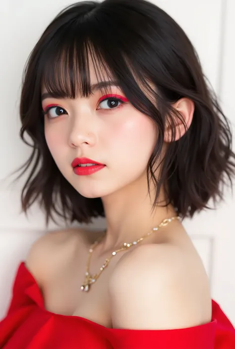 Beautiful Japanese Woman 、、 She is wearing a red off-the-shoulder dress、Red eyeshadow 、Hairstyle: Medium long、wavy hair 、 tea hair 、 ear piercing、 Empty Expressions 、 necklace、 white backgr