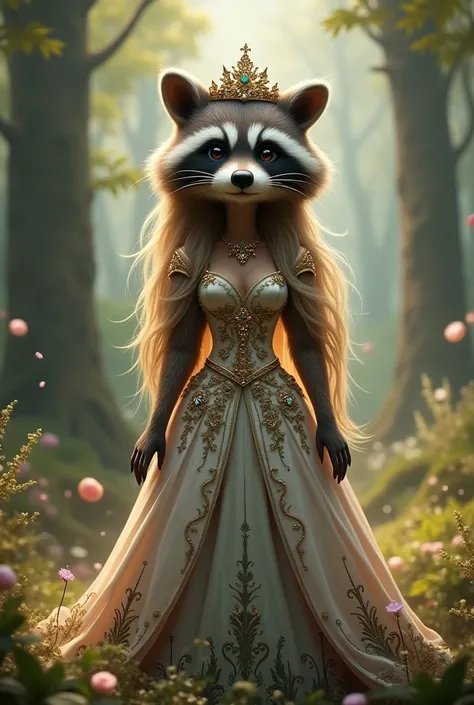 A female raccoon with long blond hair dressed as a princess